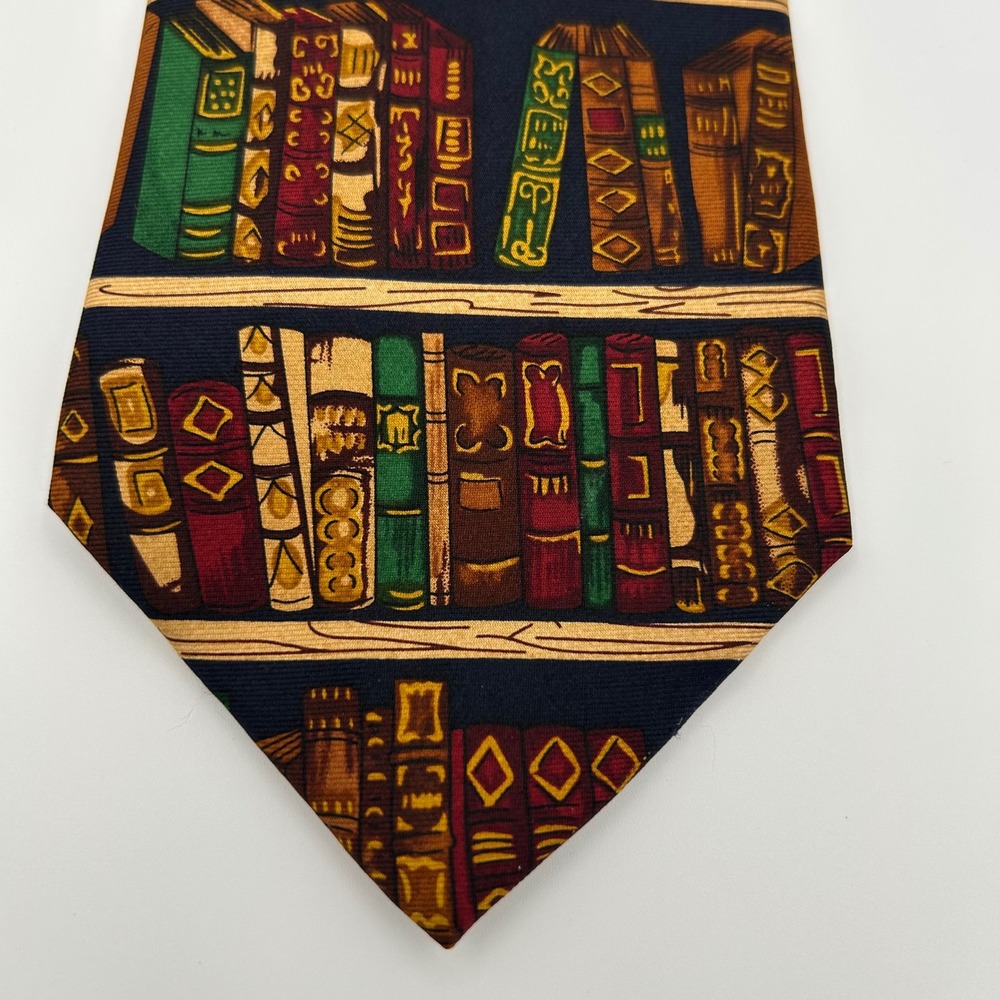 Alynn Necktie Ex Libris Mens Navy Silk Bookshelf Library Dark Academia Vintage